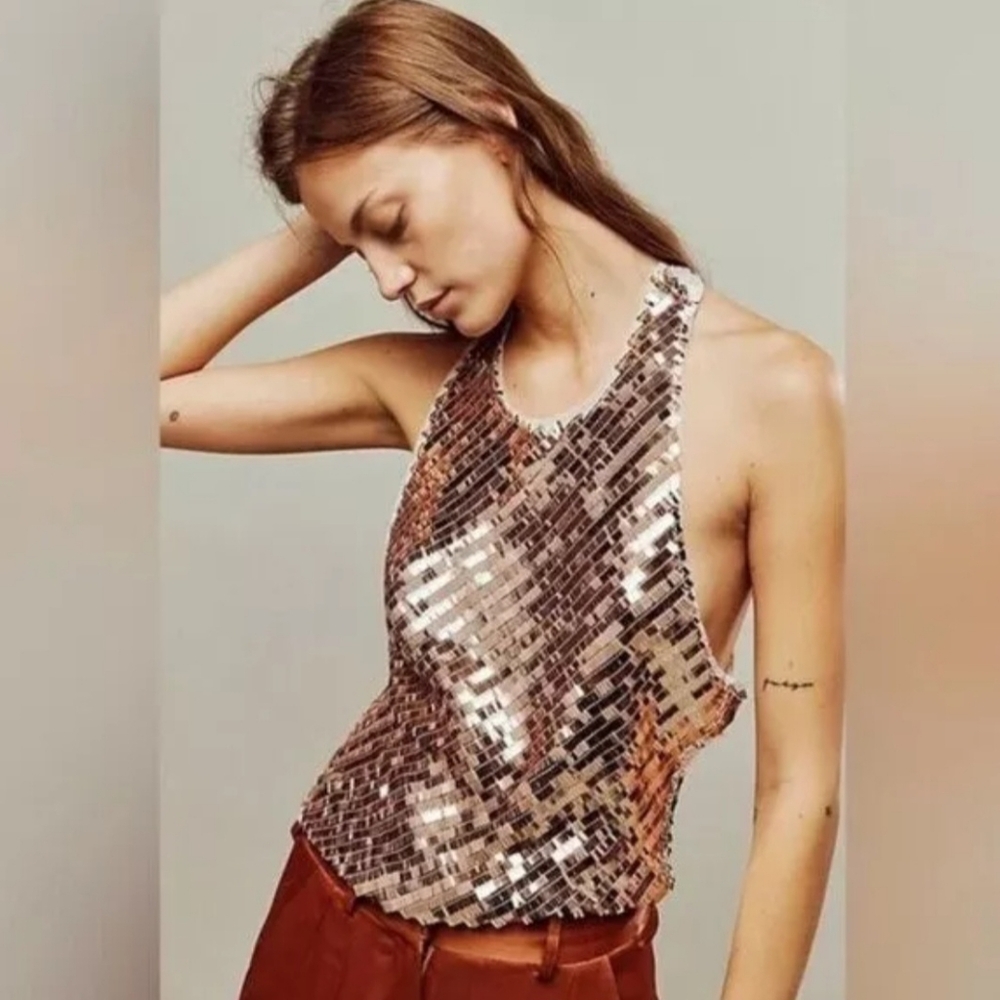 FREE PEOPLE DISCO FEVER CAMI GOLD WOMENS SIZE S NWOT